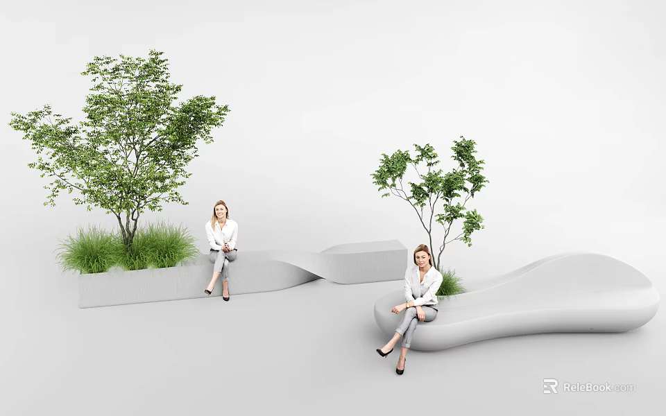 Two Women Sitting On Wavy White Seats With Green Trees And Grass 3d model 