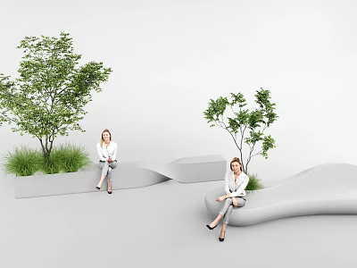 Two Women Sitting On Wavy White Seats With Green Trees And Grass 3d model