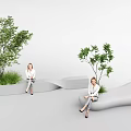 Two Women Sitting On Wavy White Seats With Green Trees And Grass