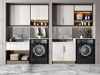 Modern Bathroom Cabinet Rack With White Cabinets Black Washing Machine Sink And Storage 3d model