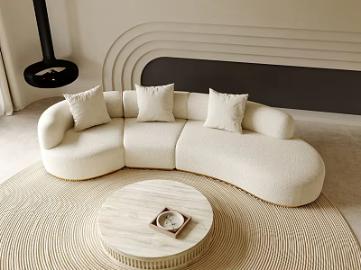Modern Cream Curved Sectional Sofa With Round Coffee Table And Area Rug In Living Room 3d model