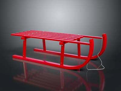 Red Wooden Sleigh With Slatted Seat And Metal Runners On Reflective Black Surface 3d model