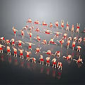 Human Figures in Red Outfits Performing Dynamic Poses in Circular Formation on Reflective Ground