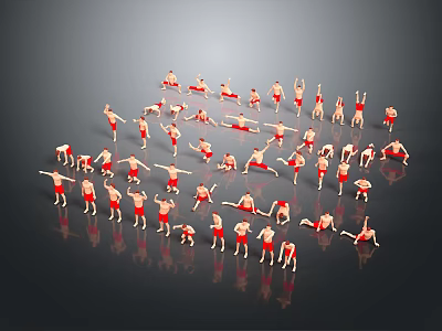 Human Figures in Red Outfits Performing Dynamic Poses in Circular Formation on Reflective Ground 3d model