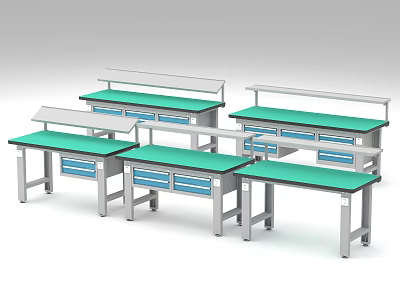 Functional Worktables with Green Tops Metal Frames and Drawers for Workshop Use 3d model
