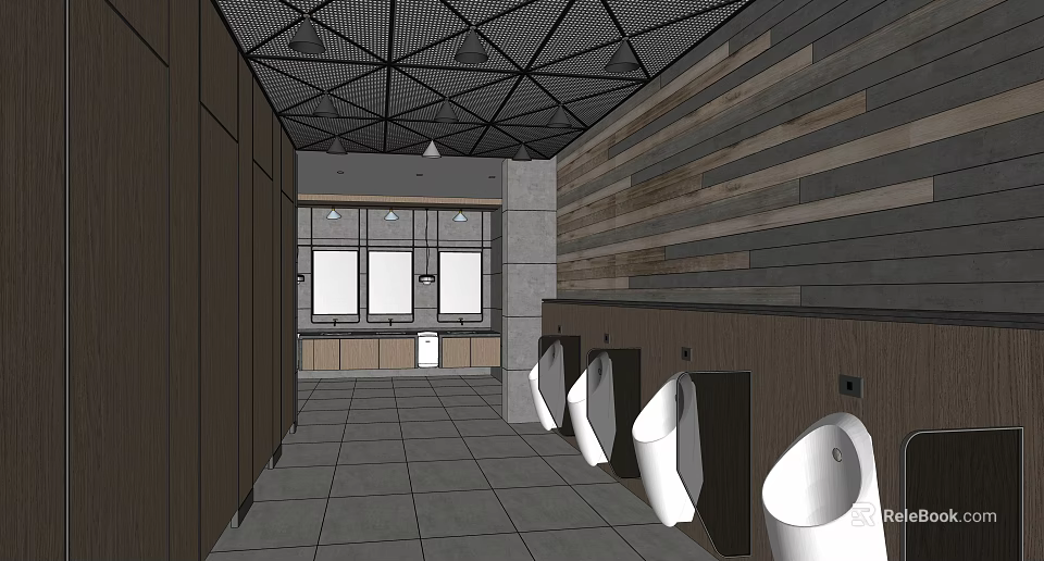 Public Restroom Interior Featuring Wooden Striped Walls Geometric Ceiling Tile Floor And Urinals 3d model 