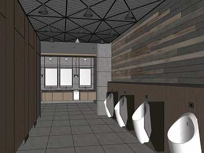Public Restroom Interior Featuring Wooden Striped Walls Geometric Ceiling Tile Floor And Urinals 3d model