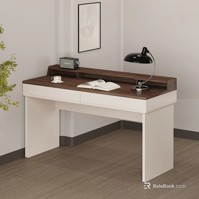 Modern Wooden Desk With Open Book Coffee Mug Black Lamp Small Radio And Green Plant 3d model 