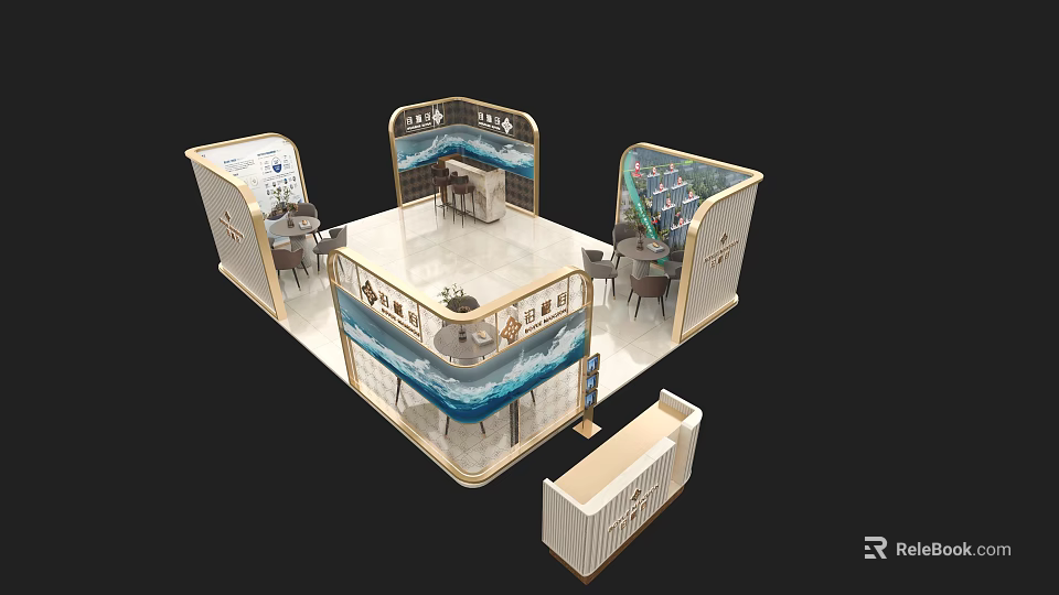 Modern Sales Office Interior With Glass Display Cabinets Reception Desk Tables Chairs And Decorative Elements 3d model 