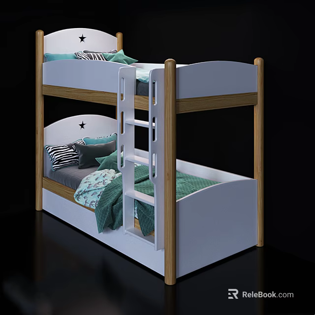 Bunk Bed With White And Wooden Frame Ladder Green Striped Pillows Blankets Star Shaped Headboard 3d model 