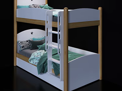 Bunk Bed With White And Wooden Frame Ladder Green Striped Pillows Blankets Star Shaped Headboard 3d model