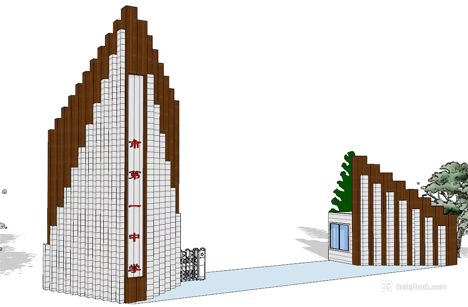 Modern Entrance Gate Design With Sloped Wooden Panels White Wall And Green Trees 3d model 