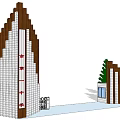 Modern Entrance Gate Design With Sloped Wooden Panels White Wall And Green Trees