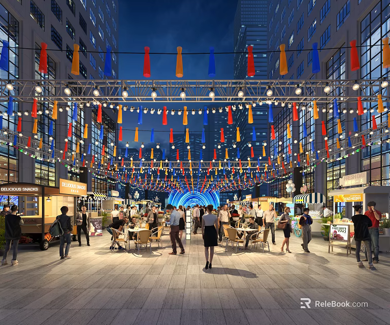 Vibrant Commercial Street at Night with Colorful Flags Lanterns Stalls People Walking and Building Lights 3d model 