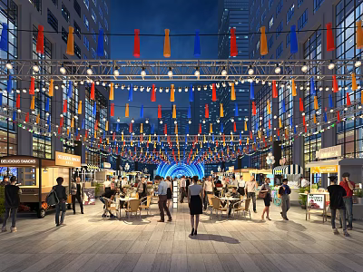 Vibrant Commercial Street at Night with Colorful Flags Lanterns Stalls People Walking and Building Lights 3d model