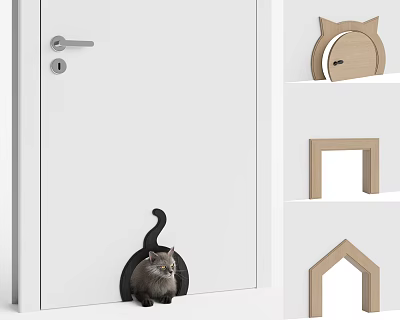 White Door With Black Cat Flap And Wooden Cat Shelves For Pet Home Decor 3d model