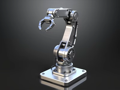 Silver Metallic Robotic Arm With Multiple Joints And Stable Base On Dark Background 3d model