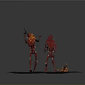 Red Robotic Game Movie Characters With Weapons Standing On Volcanic Lava Ground