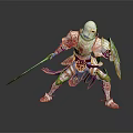Game Movie Character Knight in Red Decorative Armor With Bloody Sword Shield and Battle Pose