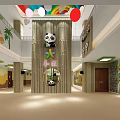 Cheerful Kindergarten Play Space With Bamboo Columns Panda Decorations Pink Hanging Ornaments And Teddy Bears