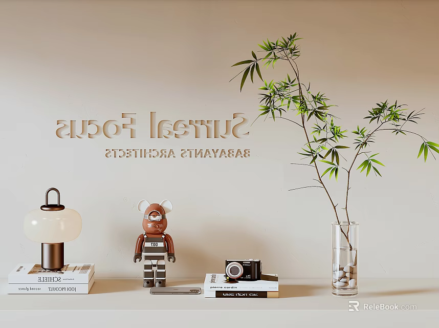 Elegant Decorative Ornament Set With Table Lamp Figurine Books Camera Bamboo Plant And Glass Vase 3d model 