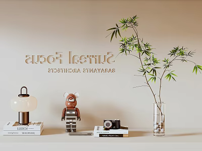 Elegant Decorative Ornament Set With Table Lamp Figurine Books Camera Bamboo Plant And Glass Vase 3d model