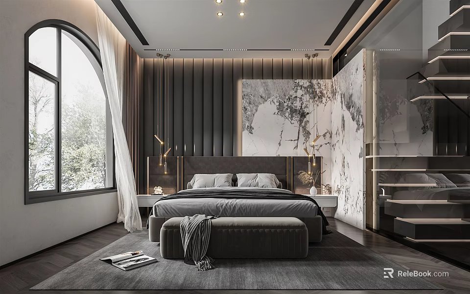 Modern Bedroom Interior Design With Large Bed Headboard Wall Area Rug And Window 3d model 