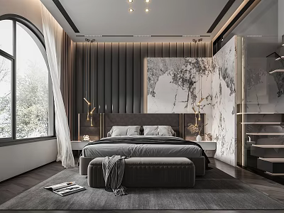 Modern Bedroom Interior Design With Large Bed Headboard Wall Area Rug And Window 3d model