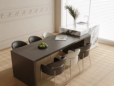 Modern Black Dining Table Set with Black and White Chairs Green Fruits Bowl and Magazine 3d model