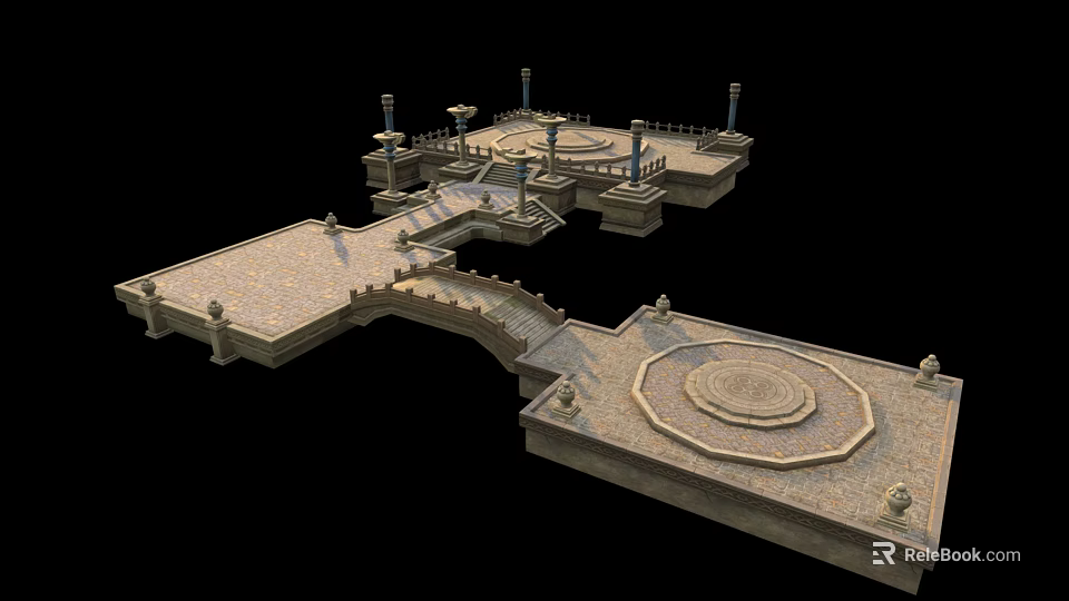 Ancient Stone Architectural Structure With Platform Steps Railing And Circular Courtyard Area 3d model 