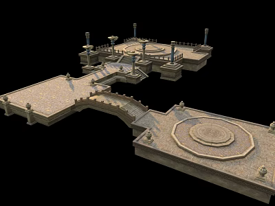 Ancient Stone Architectural Structure With Platform Steps Railing And Circular Courtyard Area 3d model