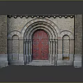 Classical Architectural Structure With Arched Red Door Brick Walls Decorative Columns And Stone Details