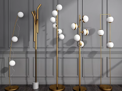 Modern Floor Lamps With Gold Frames And White Globe Shades In Various Styles 3d model