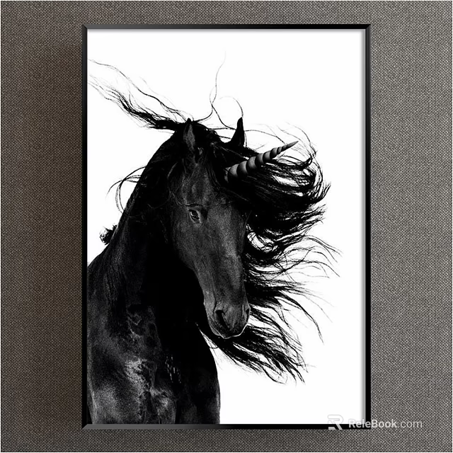 Black and White Unicorn Animal Painting with Flowing Mane in Framed Artwork Design 3d model 