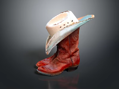 White Cowboy Hat Resting On Red Cowboy Boots Fashion Clothing Accessory 3d model
