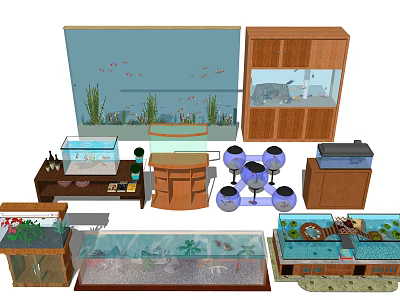 Various Aquarium Designs Including Tabletop And Floor Standing Tanks With Fish Plants And Cabinets 3d model