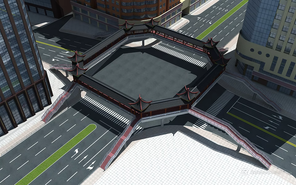 Traditional Roofed Octagonal Pedestrian Bridge Over Urban Street With Tall Buildings 3d model 