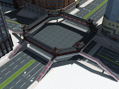 Traditional Roofed Octagonal Pedestrian Bridge Over Urban Street With Tall Buildings 3d model