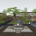 Serene Traditional Garden Courtyard with Wooden Deck Tatami Cushions Stone Lanterns and Green Plants