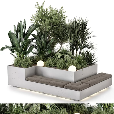 Outdoor Concrete Chair With Gray Cushions Surrounded By Green Plants And Round Lights 3d model