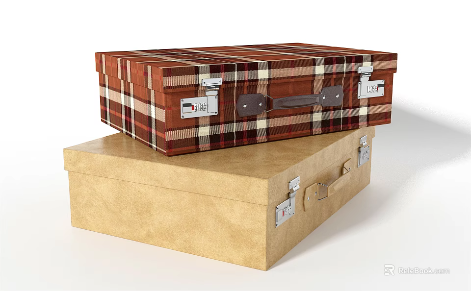 Stacked Brown Plaid And Beige Vintage Suitcases With Metal Latches Handles 3d model 