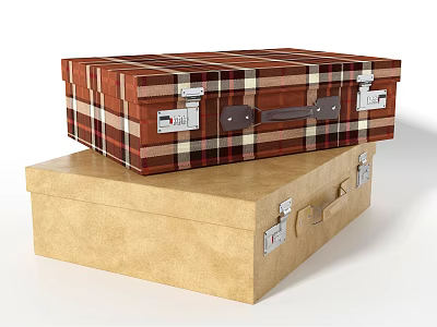 Stacked Brown Plaid And Beige Vintage Suitcases With Metal Latches Handles 3d model