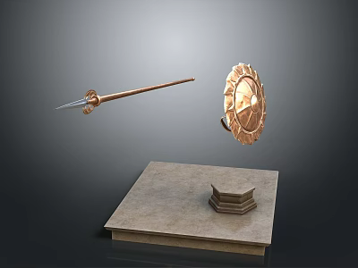 Ancient Weapons Display Featuring Spear And Shield Floating Above Stone Platform With Small Structure 3d model