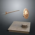Ancient Weapons Display Featuring Spear And Shield Floating Above Stone Platform With Small Structure 3d model