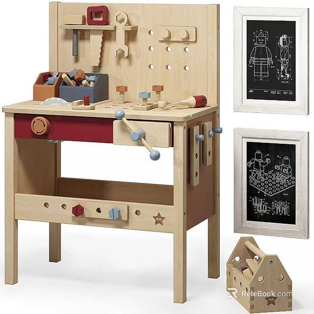 Wooden Doll Play Workbench With Tools And Blueprints 3d model