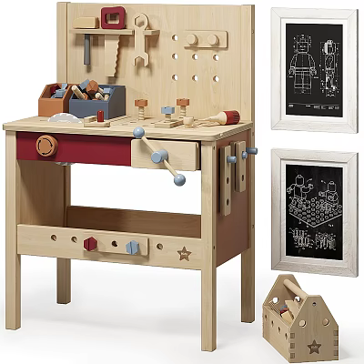 Wooden Doll Play Workbench With Tools And Blueprints 3d model