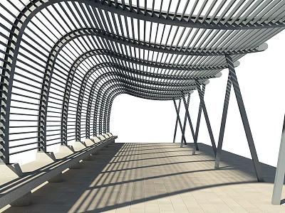 Modern Curved Pergola With Metal Frame Benches And Shadow Patterns Along Walkway 3d model