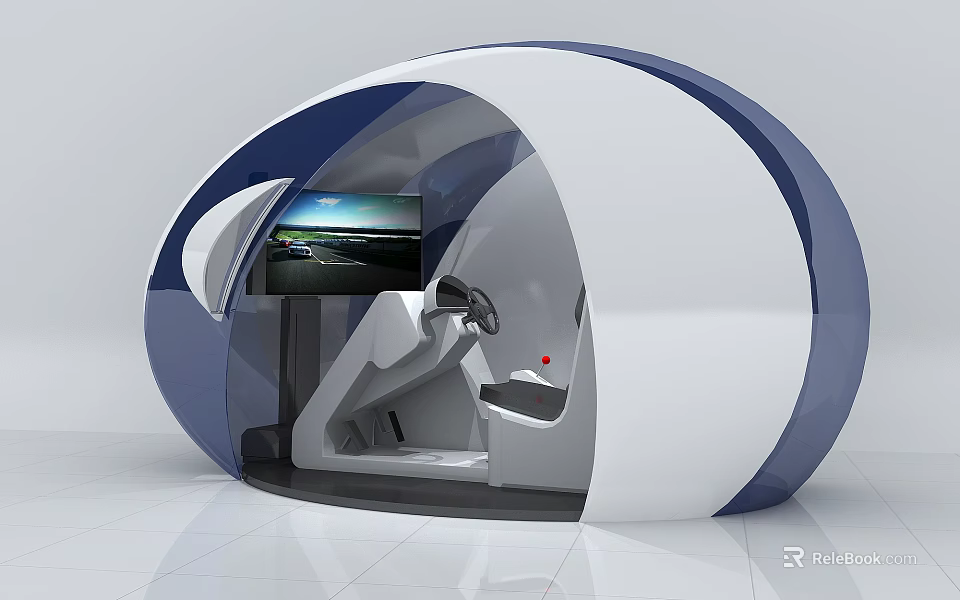 White And Blue Curved Driving Simulator Commercial Equipment With Steering Wheel Screen And Seat 3d model 