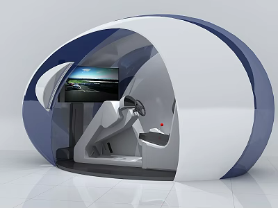 White And Blue Curved Driving Simulator Commercial Equipment With Steering Wheel Screen And Seat 3d model