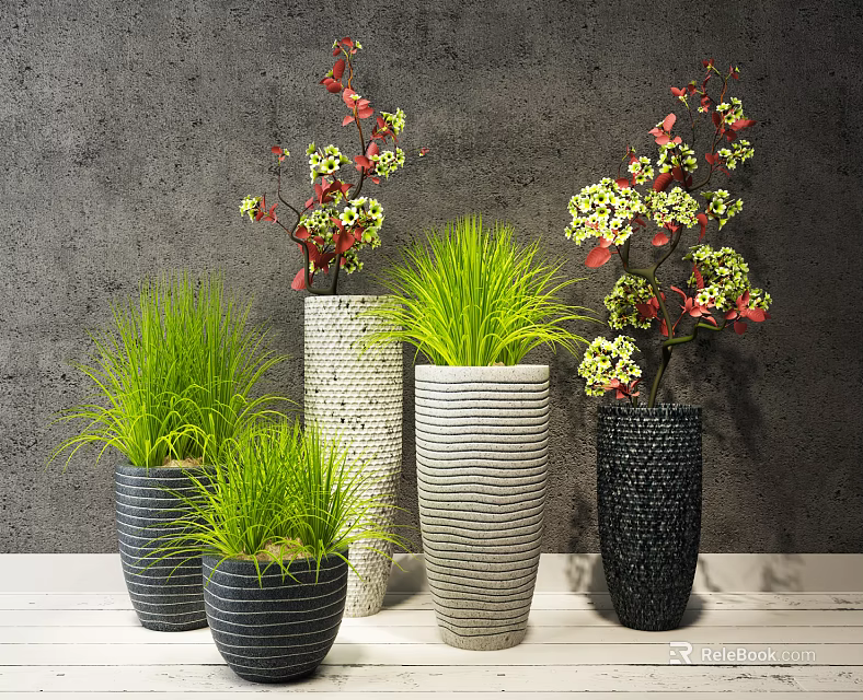 Stylish Bonsai Potted Plants with Various Patterned Pots Green Grass and Flowering Branches 3d model 